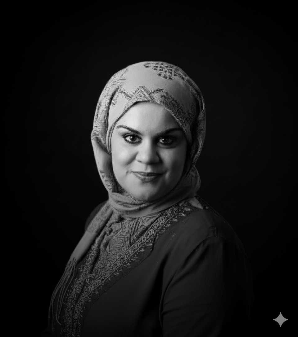 Black and white portrait of a dance instructor posing in front of a dark background.